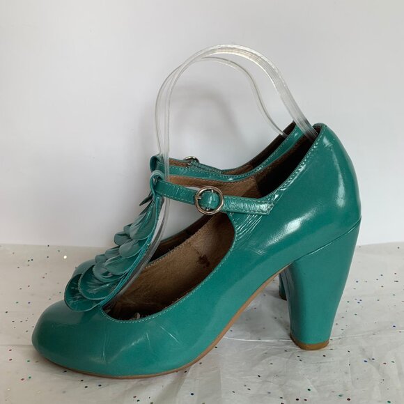 Jeffrey Campbell Y2K Frill Teal Blue Green Ruffle T strap Retro Inspired Pump 7 - Picture 6 of 10